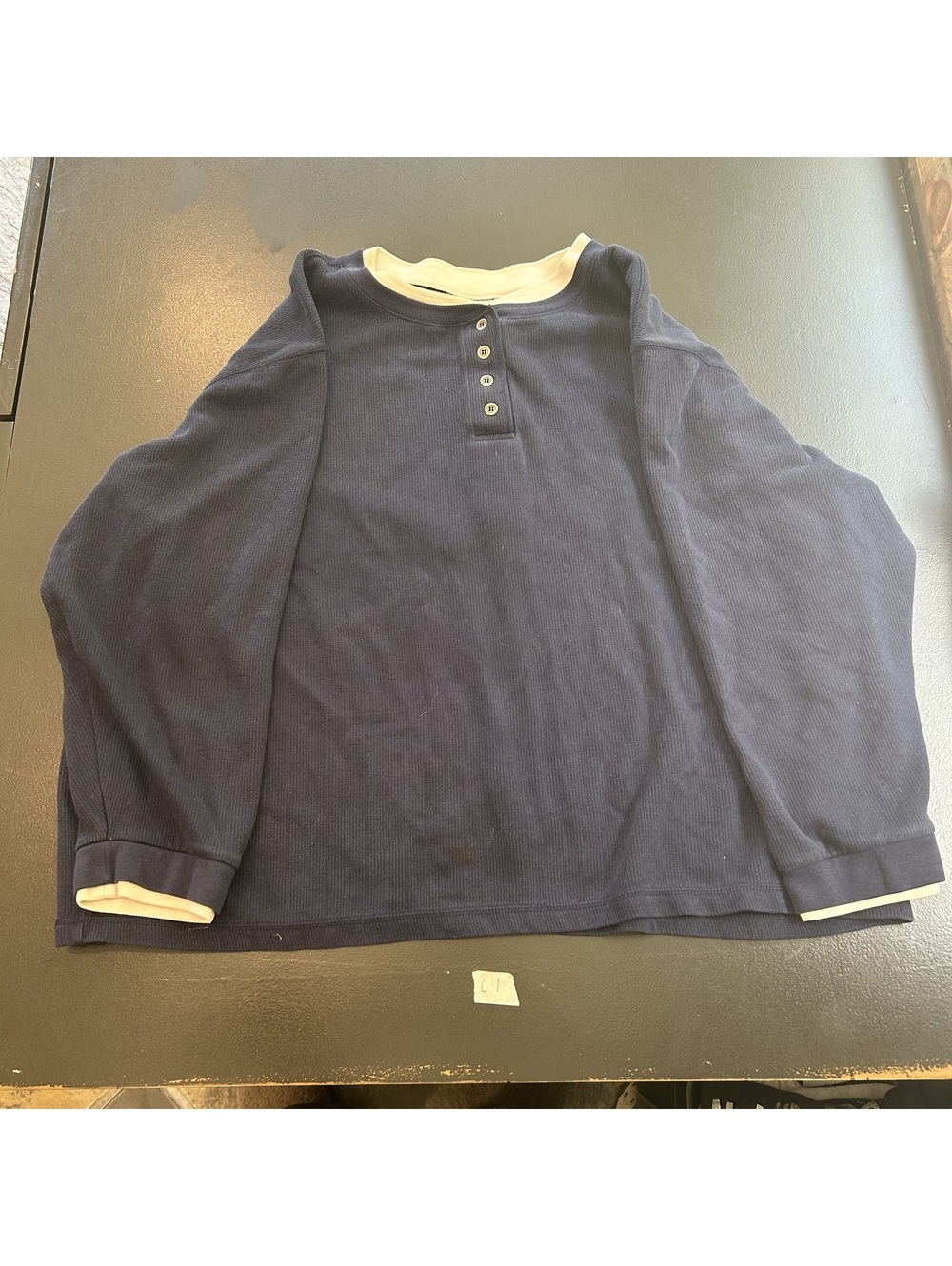 Fashion Bug Navy Blue Long Sleeve Henley Shirt with Cream Trim Size 26/28W